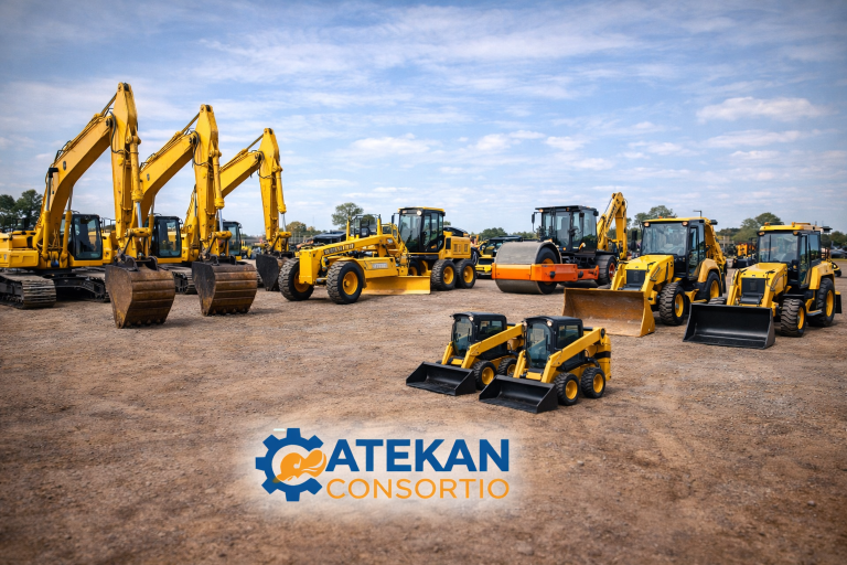 About construction machinery lineup under cloudy sky